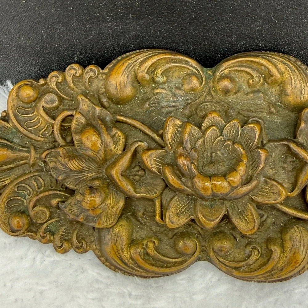 Vintage Floral Repousse Brooch Bronze Tone Large Lotus Statement